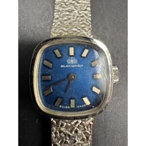 Vintage Bucherer Ladies Swiss Made Watch Blue Dial Silver Tone 19mm